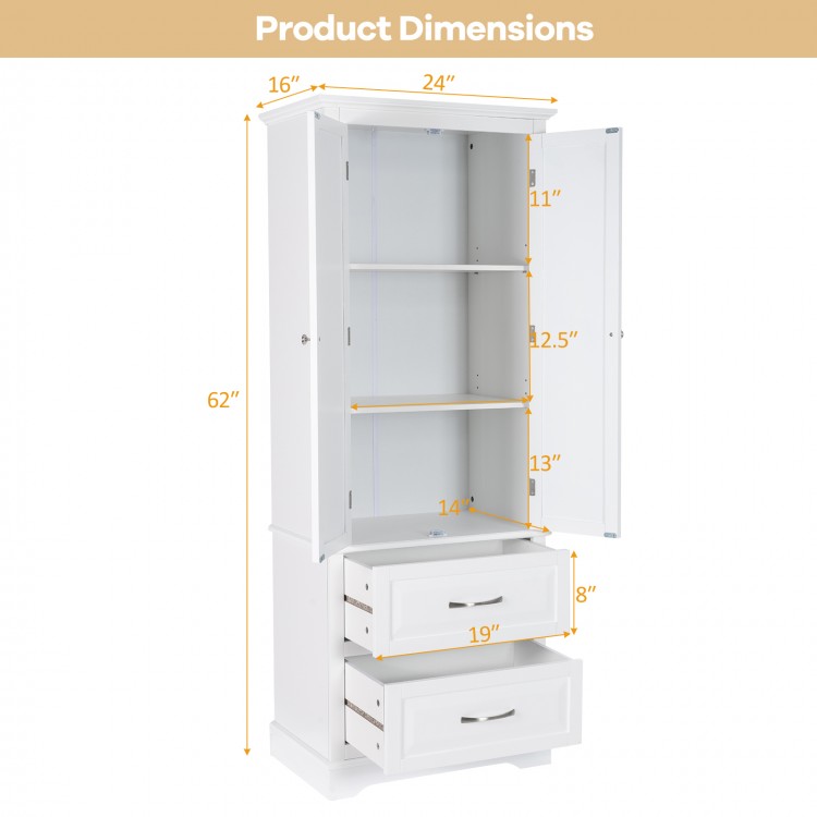 Dimensions of the 62-inch freestanding white bathroom cabinet, showcasing adjustable shelves and two drawers for.