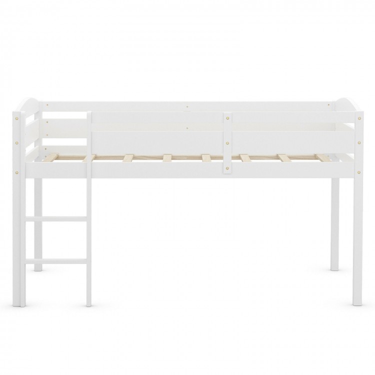 Wooden Twin Low Loft Bunk Bed in white with guard rail and ladder, designed for safety and durability, ideal for kids.