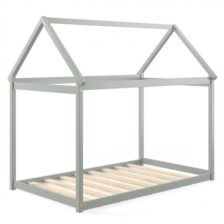 Gray kids platform floor bed with roof and sturdy wooden slats, ideal for toddlers to teens. Easy assembly and stable.