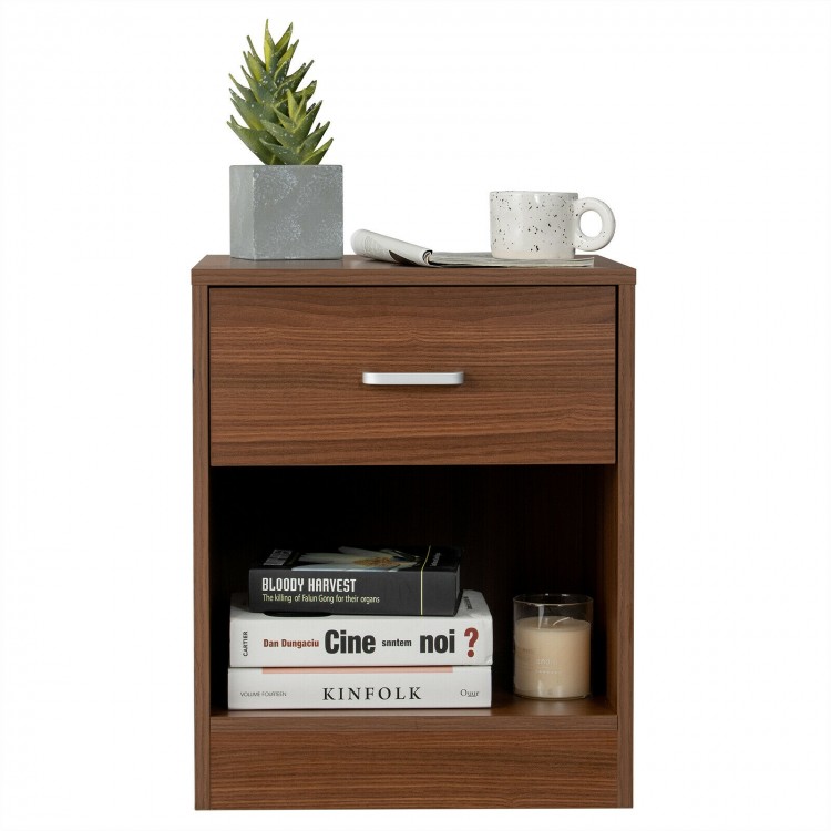 Brown nightstand featuring a sturdy wooden construction with a sleek metal handle, perfect for stylish home.