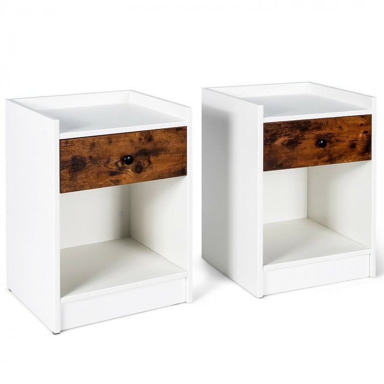 Set of 2 white nightstands with wooden drawer, featuring open compartments for stylish and practical storage.