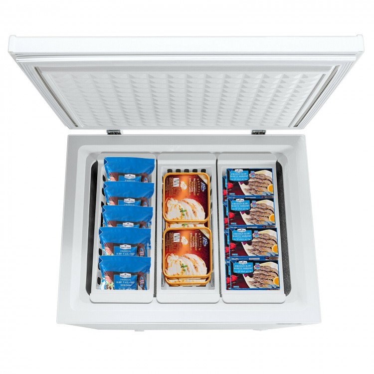 Chest freezer with 5.2 cu.ft capacity and 3 storage baskets, ideal for organizing frozen food in limited spaces.