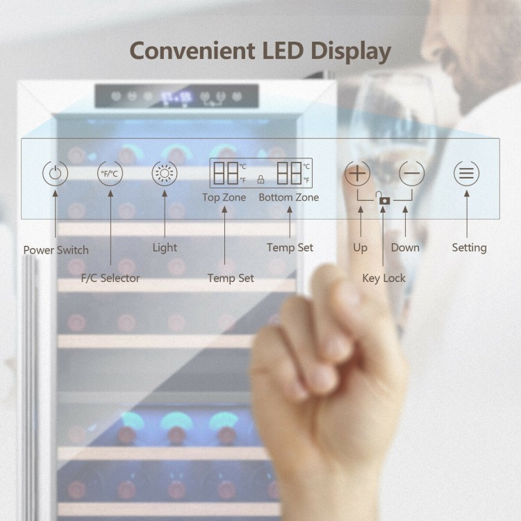 Convenient LED display for dual zone temperature control in a 43 bottle wine cooler refrigerator with 8 shelves.