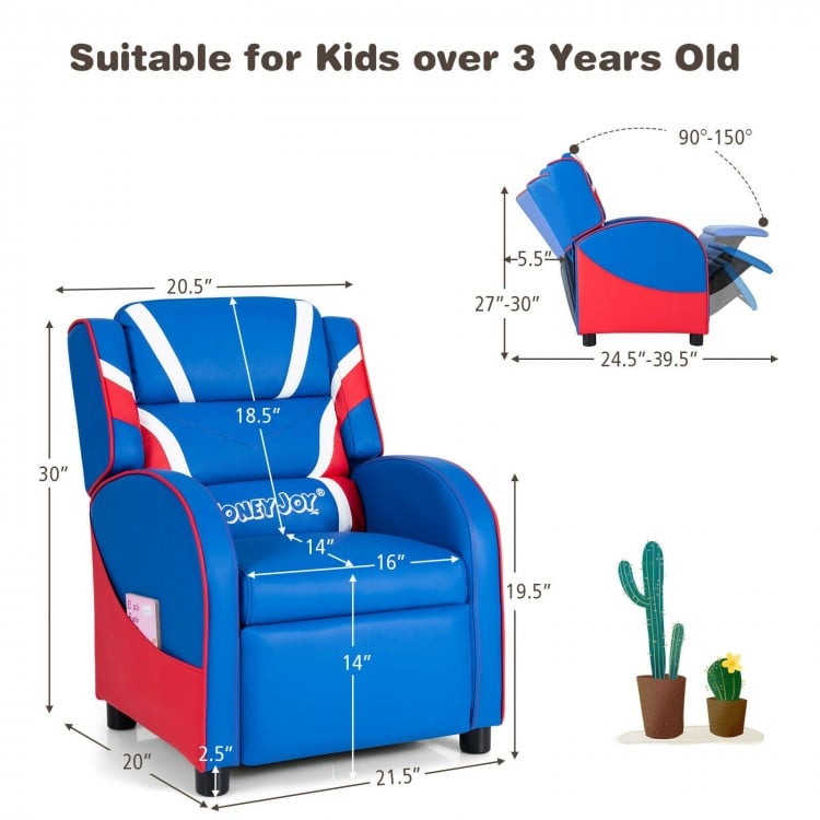 Kids leather recliner chair in blue with adjustable backrest and footrest, ideal for reading and napping.