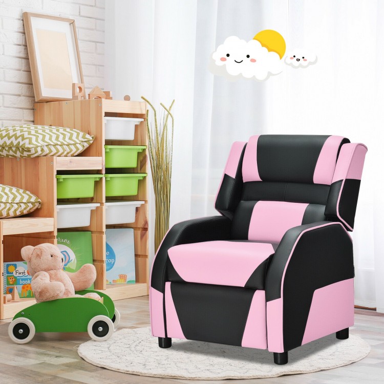 Kids gaming recliner in pink and black PU leather, designed with a sturdy frame and lumbar support for enhanced comfort.