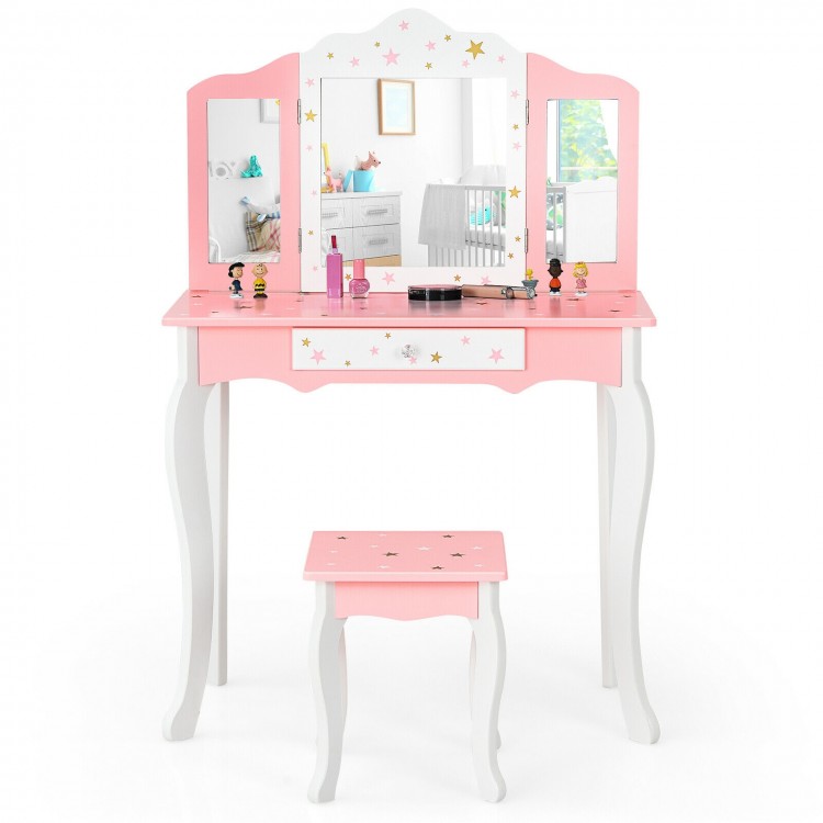Kids pink vanity table set with tri-folding mirror and matching stool, perfect for playtime and getting ready.