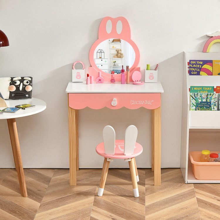 Rabbit-themed kids vanity table with detachable mirror, large drawer, and compact storage for jewelry and cosmetics.