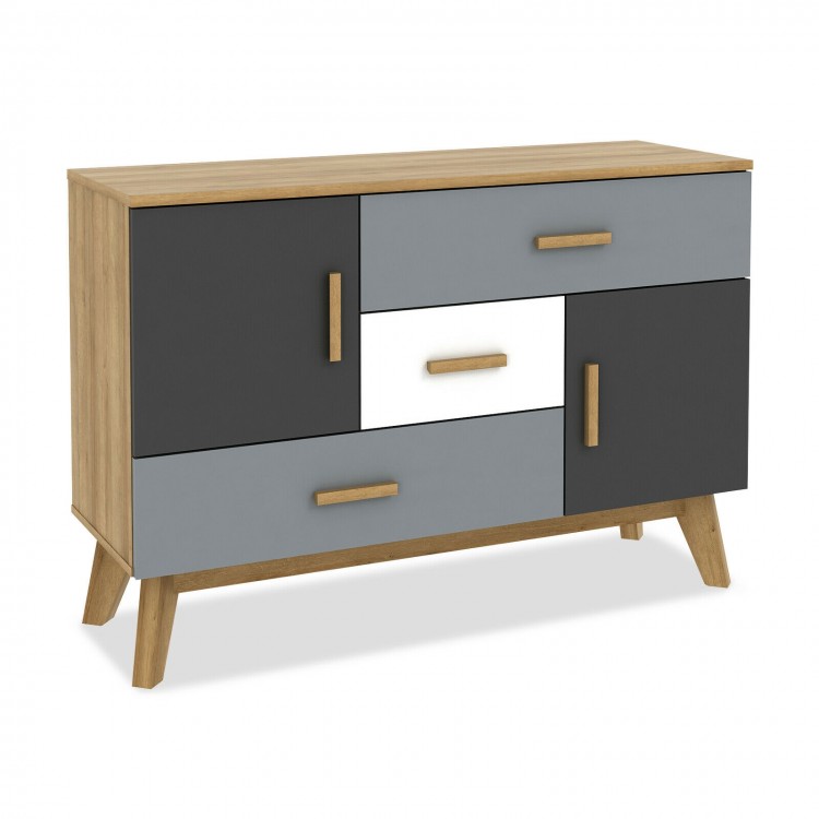 Free-standing storage cabinet with 2 doors and 3 drawers in modern design, ideal for living room or bedroom.