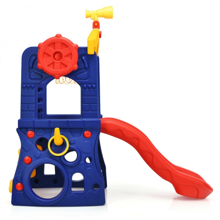 Freestanding kids slide with basketball hoop and ring toss, made of non-toxic HDPE, designed for safe indoor and.