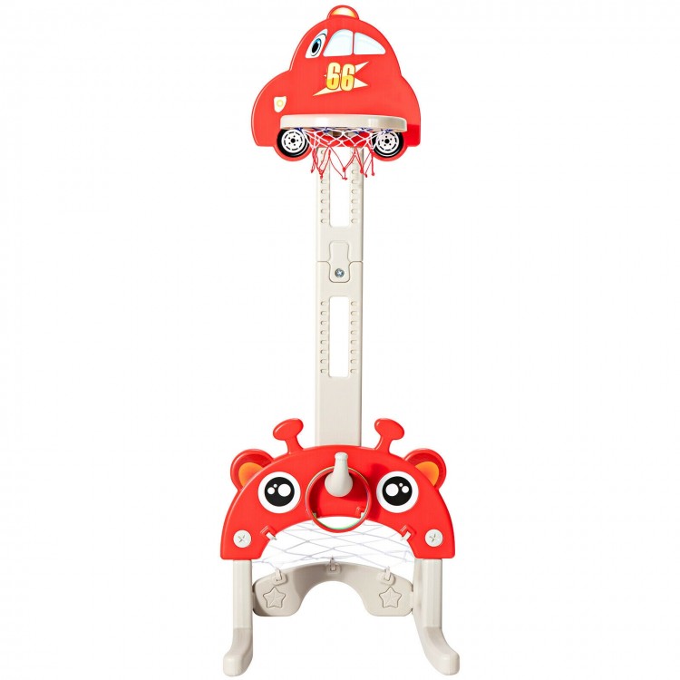 Car-shaped basketball hoop playset for kids in red, featuring adjustable height for various games and enhanced.