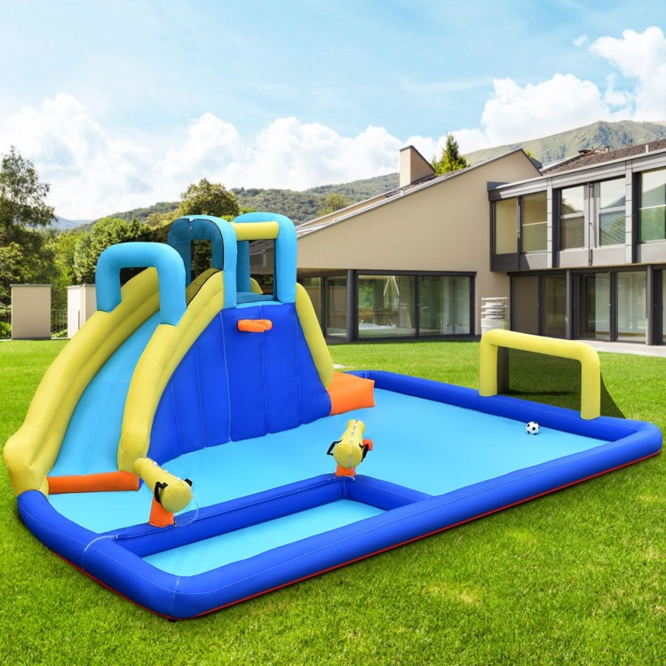 Colorful 6-in-1 inflatable water slide jumping house with built-in water guns, perfect for summer fun and outdoor play.