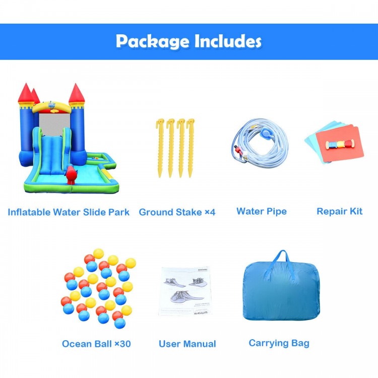 Kids inflatable bounce house water slide with ocean balls, ground stakes, and carrying bag for outdoor fun.
