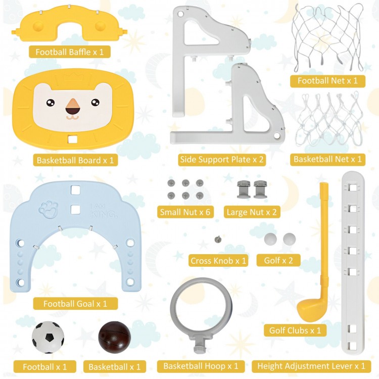 3-in-1 adjustable kids basketball hoop set in yellow, featuring basketball, soccer, and golf games for ages 2-7.