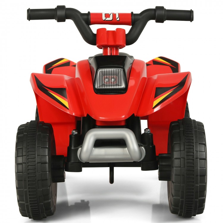 Red 6V kids electric ATV ride-on toy with four durable wheels, designed for stability on various terrains.