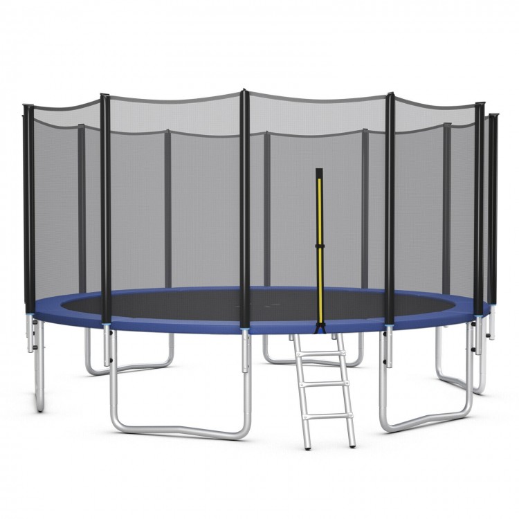 Outdoor 8 ft trampoline with safety net and ladder, featuring a rust-resistant steel frame and enhanced bounce springs.