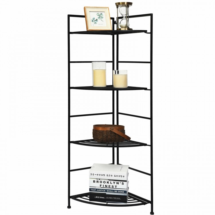 4-tier folding metal shelf plant stand in black, featuring a heavy-duty steel frame for outdoor and indoor storage.