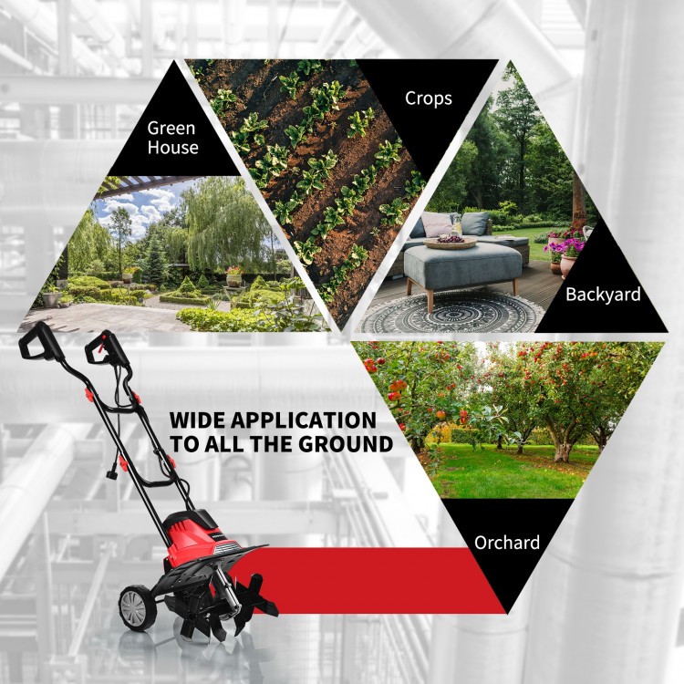 14-inch electric tiller with 10-amp motor, ideal for small gardens, featuring ergonomic handle and foldable design.