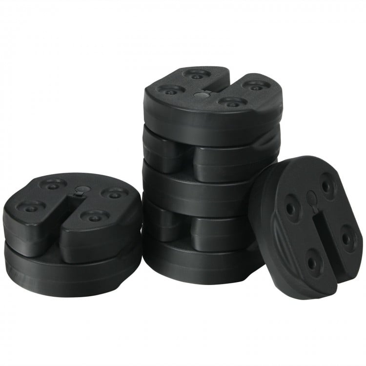 Set of 8 black canopy weights, 40lbs each, featuring a no-pinch design for secure stacking and outdoor use.