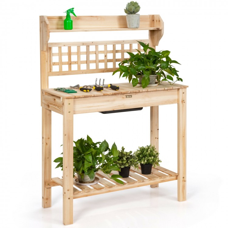 Garden potting bench workstation featuring a top shelf for displaying plants and tools, crafted from solid fir wood.