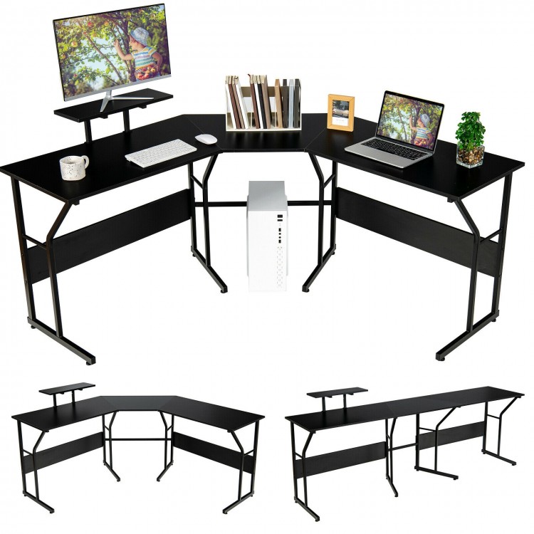 L-shaped black computer desk with monitor stand, flexible configurations, ideal for home office or study use.