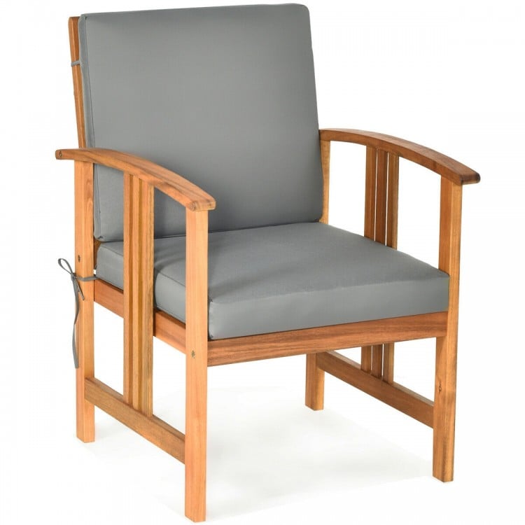 Single chair from the 3-piece solid wood outdoor patio sofa set with gray cushion, perfect for garden or porch use.