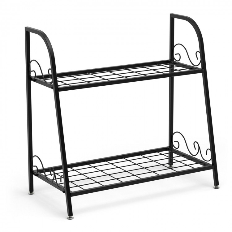 2-tier black metal plant stand with a sturdy frame, ideal for indoor or outdoor use, perfect for displaying plants and.