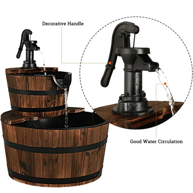 Two-tier outdoor wooden barrel waterfall fountain with decorative hand pump, featuring corrosion-resistant materials.
