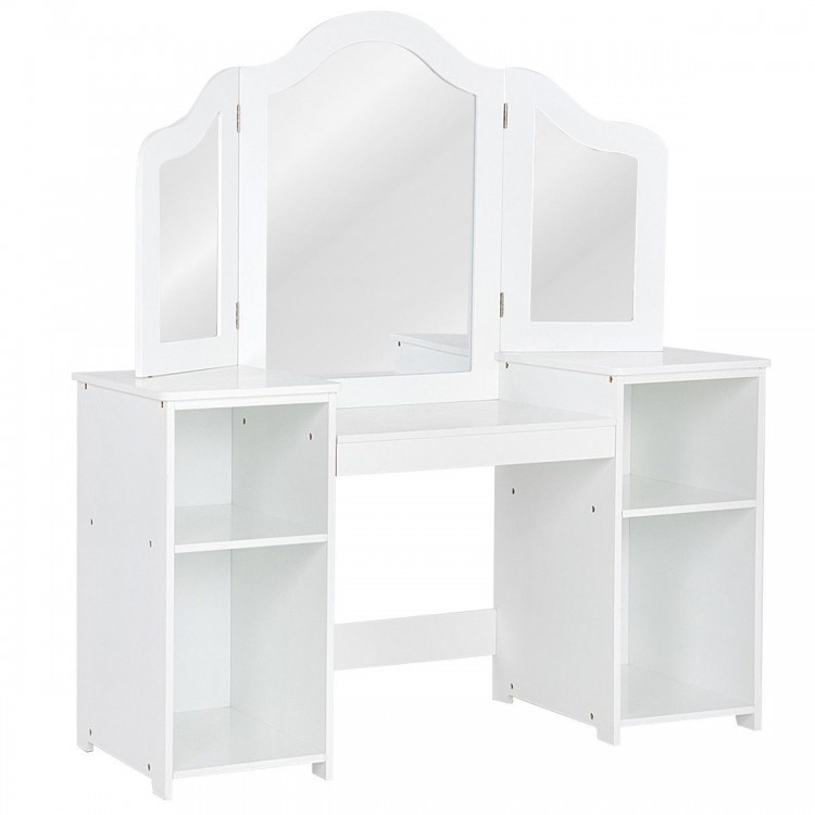 Kids tri-folding mirror makeup dressing vanity table set in white with four storage compartments for organized use.