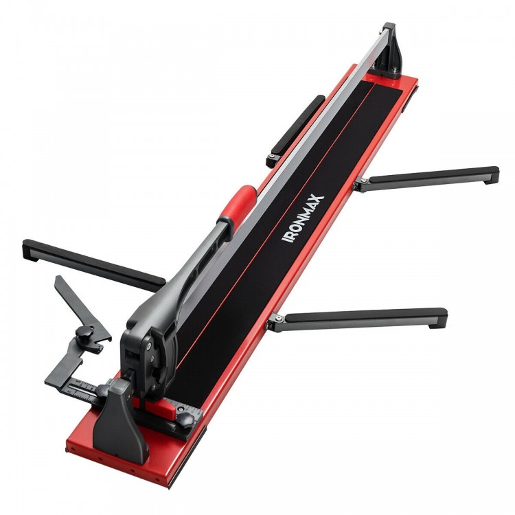 Side view of the 48-inch manual tile cutter showcasing the smooth slide rail and adjustable angle ruler for precise.