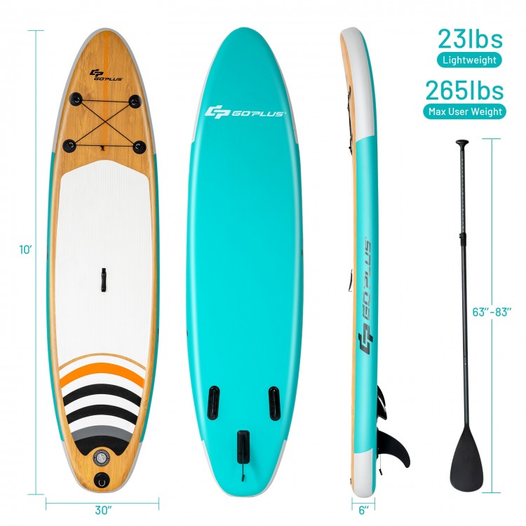 10' inflatable stand-up paddle board in turquoise with carry bag, suitable for all skill levels and portable for easy.