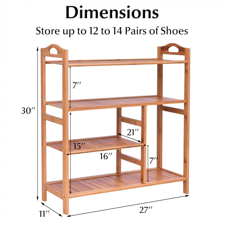 Four-tier bamboo shoe rack with slatted design, ideal for entryway storage, holding up to 14 pairs of shoes.