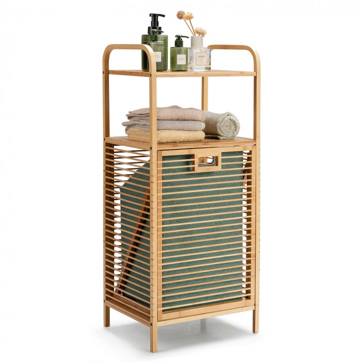 Natural bamboo laundry hamper with open design, removable liner, and 2-tier shelf for easy access to essentials.