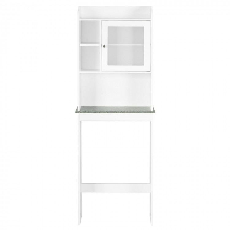 White over-the-toilet cabinet with adjustable shelves, faux marble top, and solid MDF construction for modern bathroom.