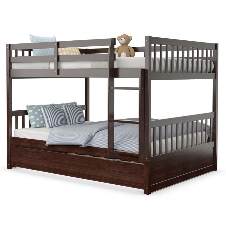 Full over full bunk bed in brown wood with trundle, featuring sturdy slats and guardrails, ideal for kids' rooms.