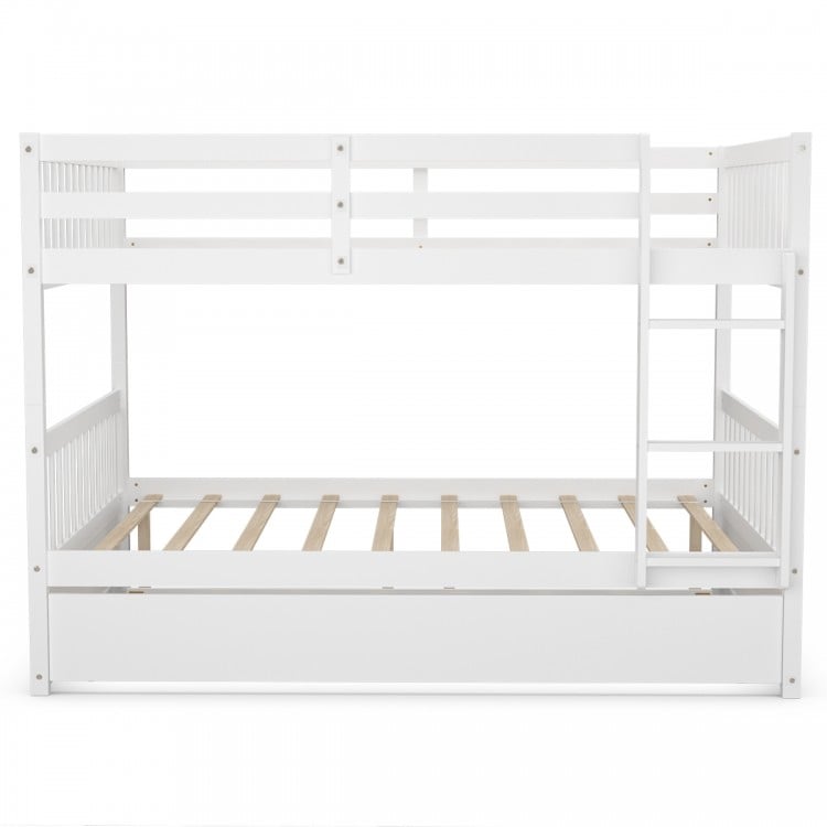Full over full bunk bed in white with sturdy pine wood frame, 28 slats, and guardrails for added safety in compact.