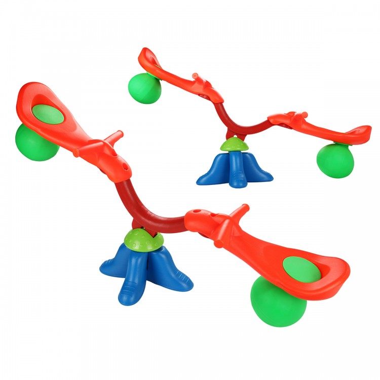 Kid's seesaw with 360-degree spinning feature, made of safe materials, bright colors, and soft ball cushions for fun.