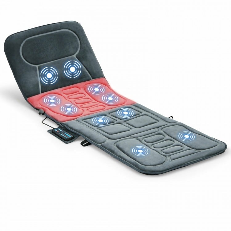 Foldable massage mat with 10 vibration motors and heat, designed for versatile use on couch, bed, or flat floor.