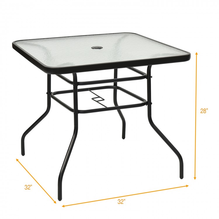Black steel frame square table with tempered glass top, 32 inches, perfect for outdoor dining and umbrella use.