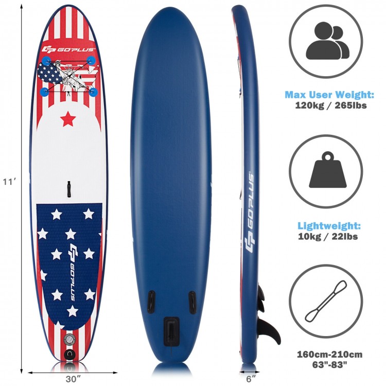 11-foot inflatable stand up paddle board with red, white, and blue design, perfect for surfing, yoga, and fishing.