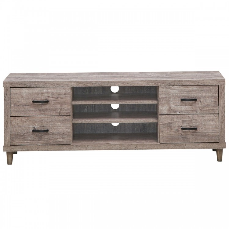 Retro wooden TV stand with a wide tabletop for TVs up to 65", featuring metal handles and 6 sturdy legs for stability.
