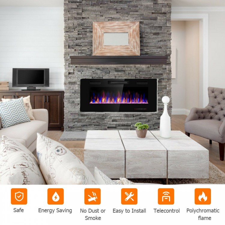 42-inch recessed electric fireplace with multicolored flames, remote control, and sleek design for modern living spaces.