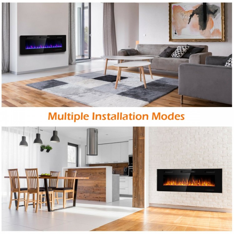 Recessed 50-inch electric fireplace with 12 flame colors, remote control, and wall-mounted design for modern living.