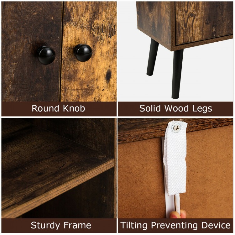 Close-up of the 2-tier retro bookshelf featuring solid wood legs, round knobs, and a sturdy frame for stylish storage.