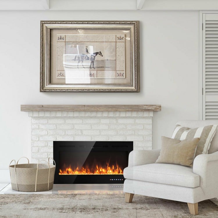 40-inch recessed electric fireplace with tempered glass, crystal decoration, and adjustable flame colors for cozy.