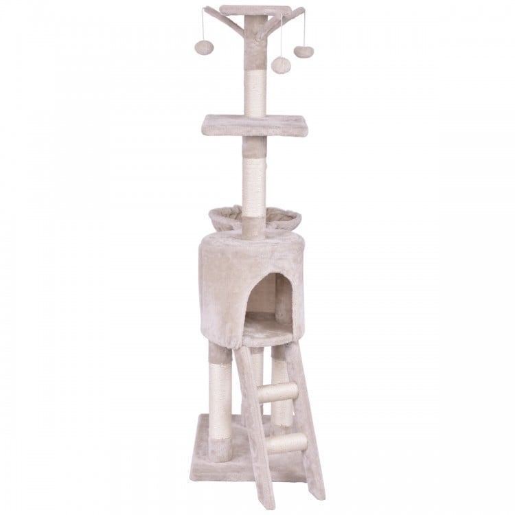 56-inch cat play tree with scratching posts, cozy hideaway, and two platforms for climbing and lounging.