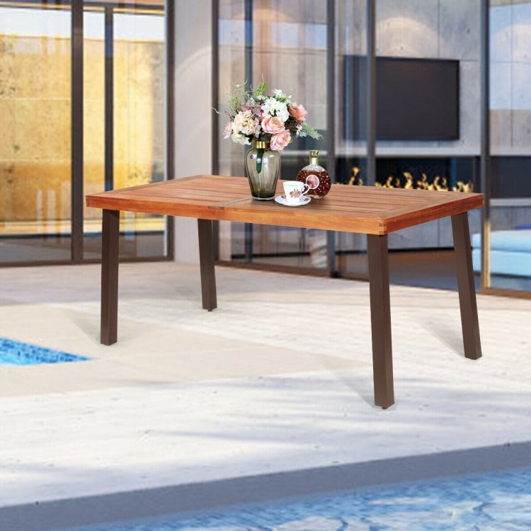 Rectangular acacia wood dining table with steel legs, featuring a waterproof surface, ideal for patio or garden use.
