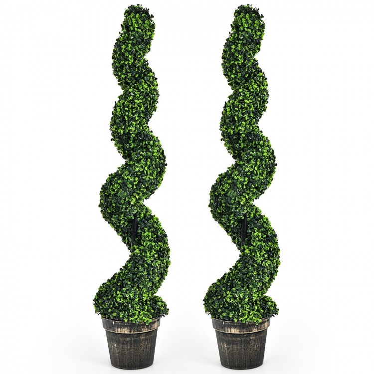 Two 4-foot artificial spiral boxwood topiary trees in golden pots, perfect for indoor or outdoor decor.