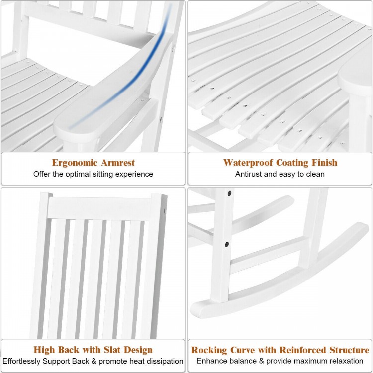 High back wooden rocking chair with slatted design, waterproof finish, and ergonomic armrest for indoor and outdoor use.