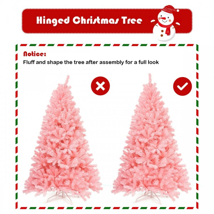 Full view of a 7.5 feet pink hinged artificial Christmas tree with a lush design, perfect for festive decorations.