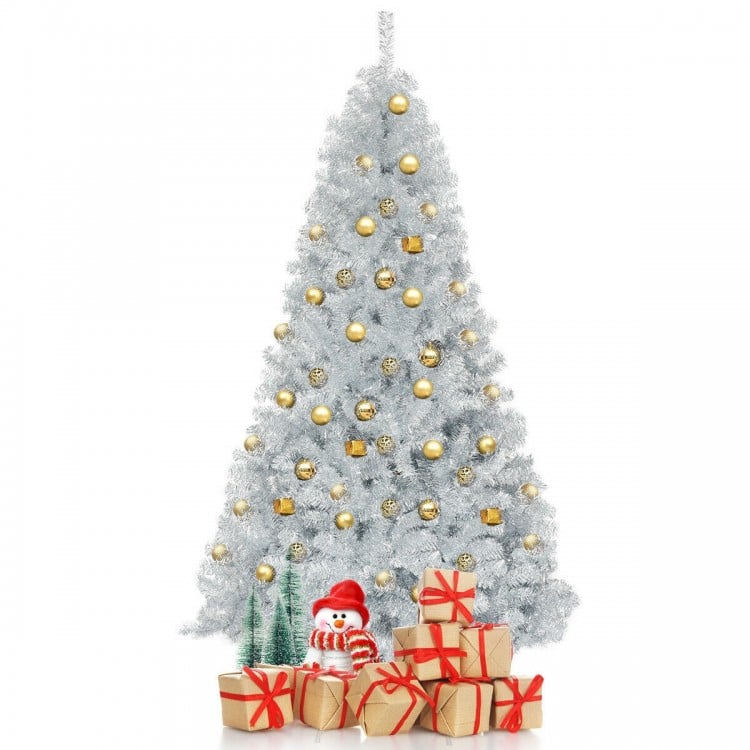 Silver tinsel Christmas tree with 1258 branch tips, perfect for indoor and outdoor holiday decoration.